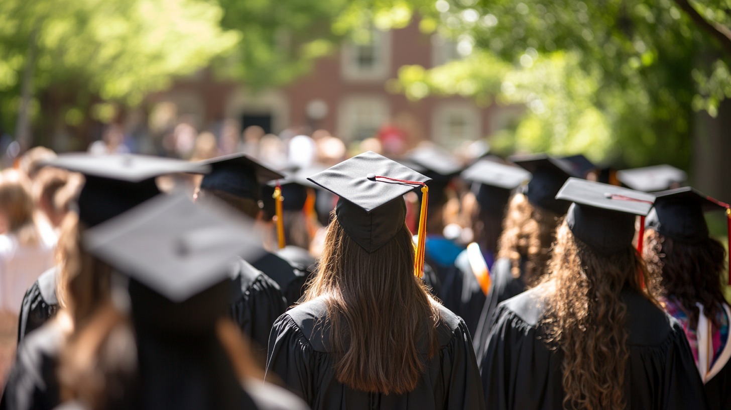 group of graduates wearing black caps and gowns walk towards the ceremony, with trees and a building blurred in the background