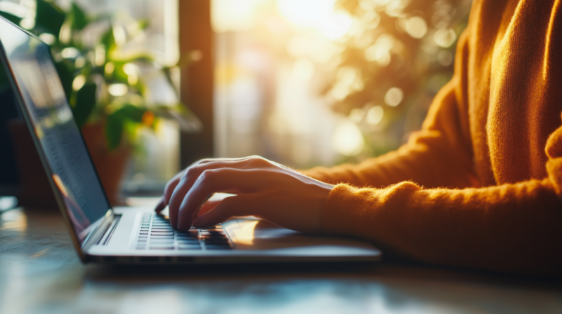 Person Typing on A Laptop in A Sunlit Room