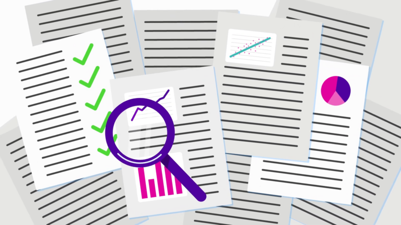 Documents with Charts, Checkmarks, and A Magnifying Glass Showing Data Analysis in UltiPro