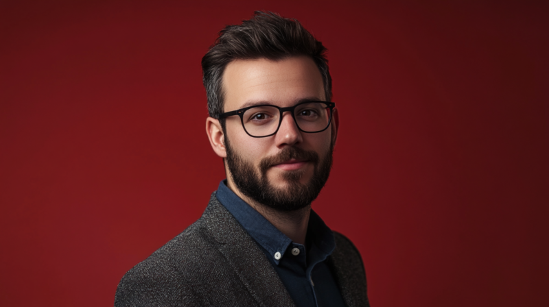 A Man Wearing Glasses and A Suit, Looking Confidently at The Camera Against a Red Background