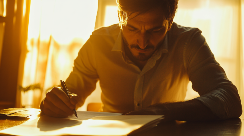 A Man Focused on Writing at A Desk with Warm Sunlight Streaming Through a Window