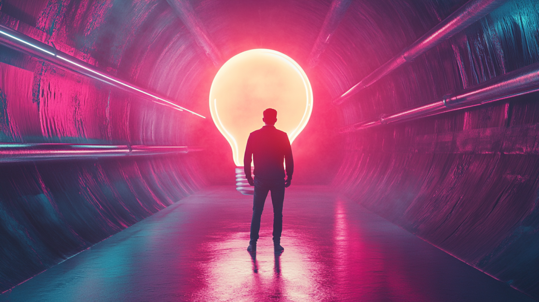 A Person Standing in A Tunnel with A Glowing Lightbulb in The Background, Symbolizing Creative Thinking