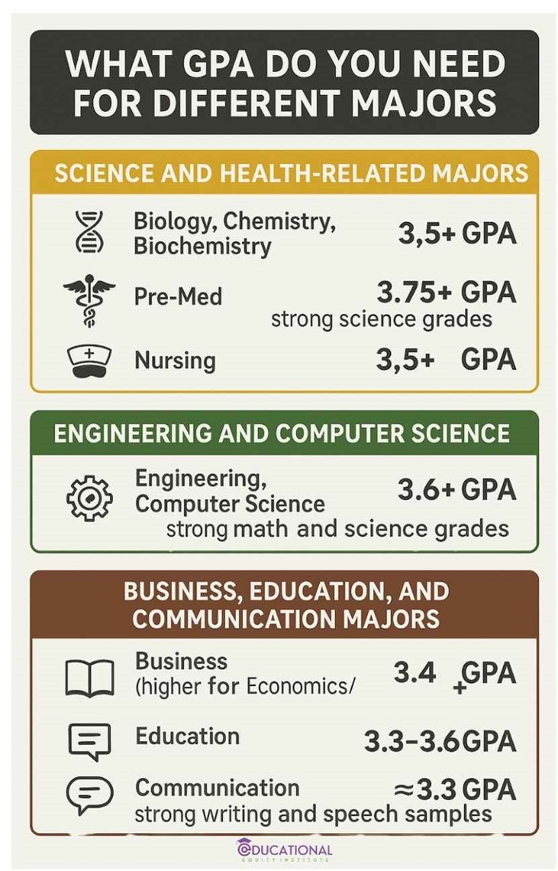 Chart showing the GPA requirements for different majors: Science and health-related majors like Biology, Pre-Med, and Nursing require 3.5+ GPA; Engineering and Computer Science require 3.6+ GPA; Business, Education, and Communication majors need around 3.3 to 3.6 GPA
