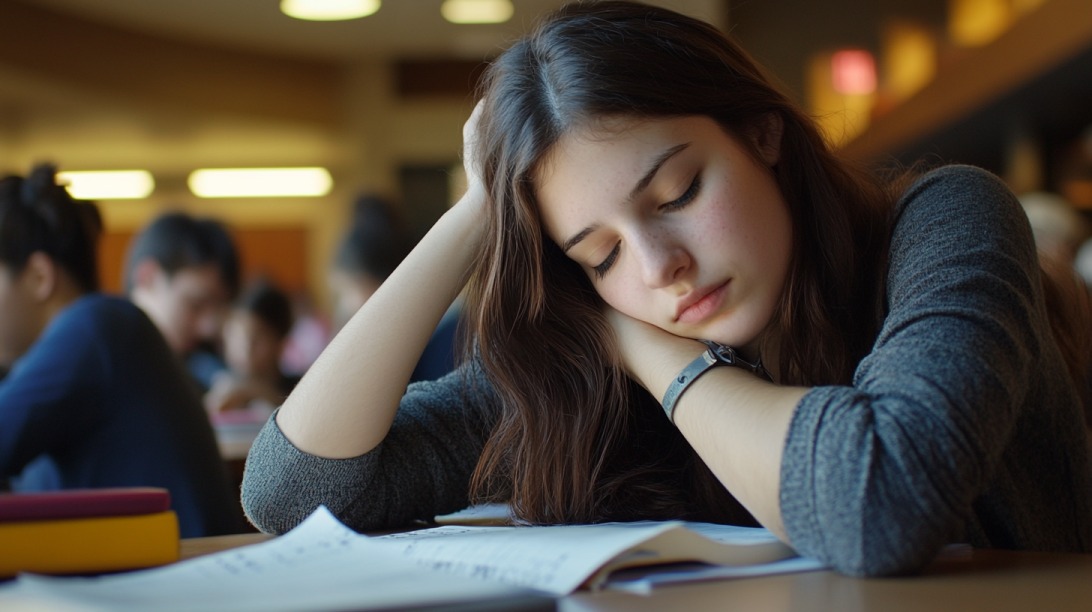 Student with long brown hair resting on textbook in a classroom, looking exhausted and overwhelmed
