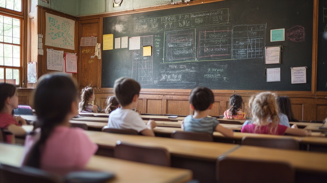 Elementary school children sitting at desks in a classroom, facing a large chalkboard filled with drawings and notes