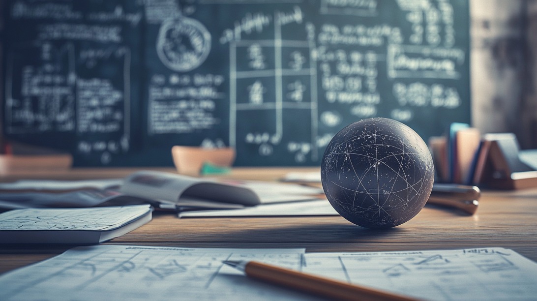Close-up of a cluttered math classroom desk with papers, a spherical model, and a chalkboard filled with diagrams and equations