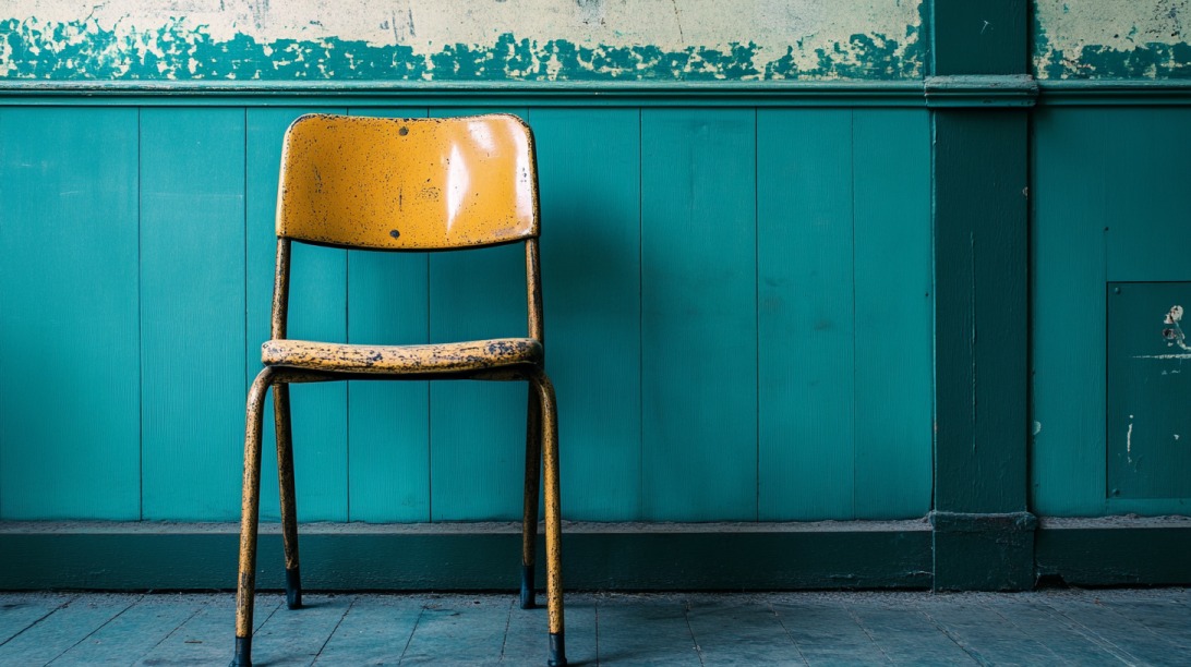 An old yellow school chair against a worn turquoise classroom wall, symbolizing neglect and inconsistency in education