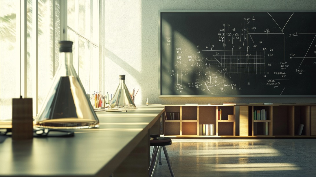A bright, modern classroom with math formulas on a chalkboard and science flasks on a table, symbolizing an overemphasis on testing