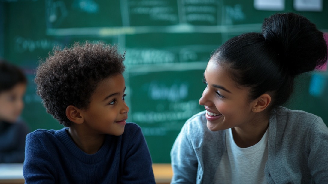 Smiling teacher and young student making eye contact in a classroom, with a chalkboard in the background