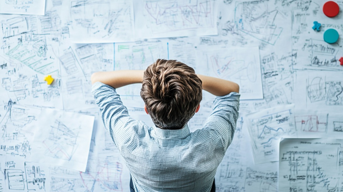Student with hands on head looking at a wall covered in complex charts, diagrams, and handwritten notes