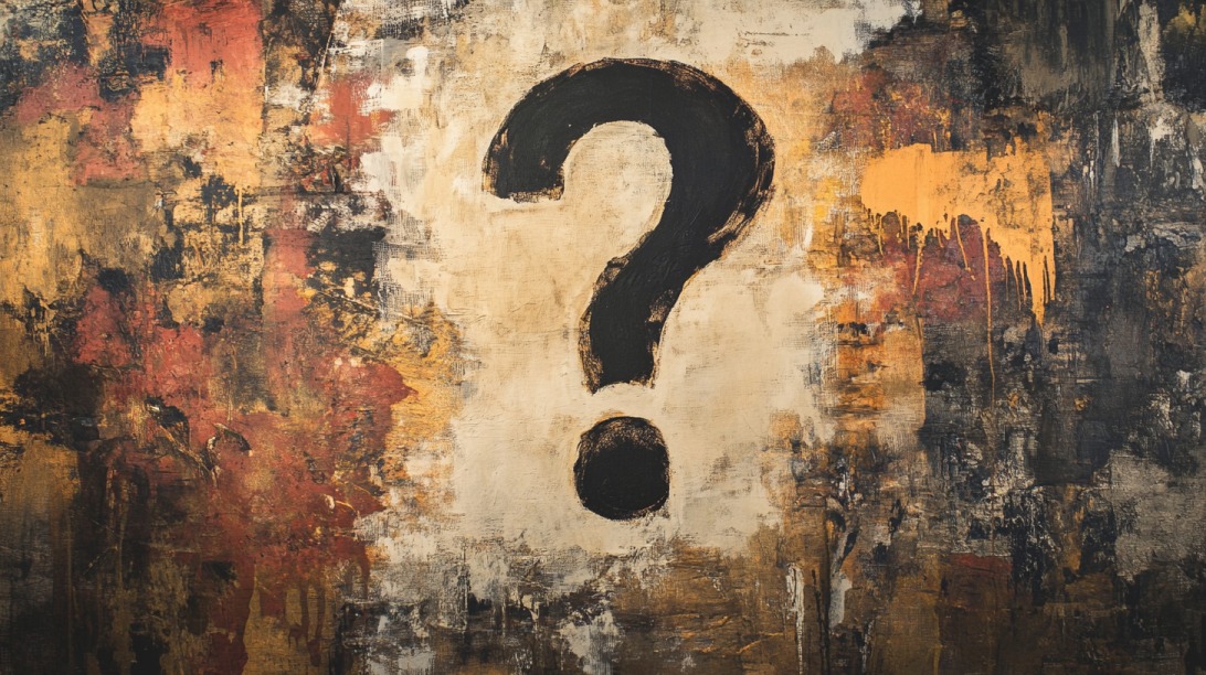Abstract painting with a large black question mark in the center, surrounded by textured brush strokes in earthy tones