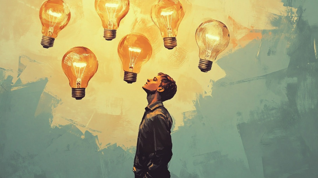 Illustration of a student looking up at glowing light bulbs, symbolizing ideas and connections in learning
