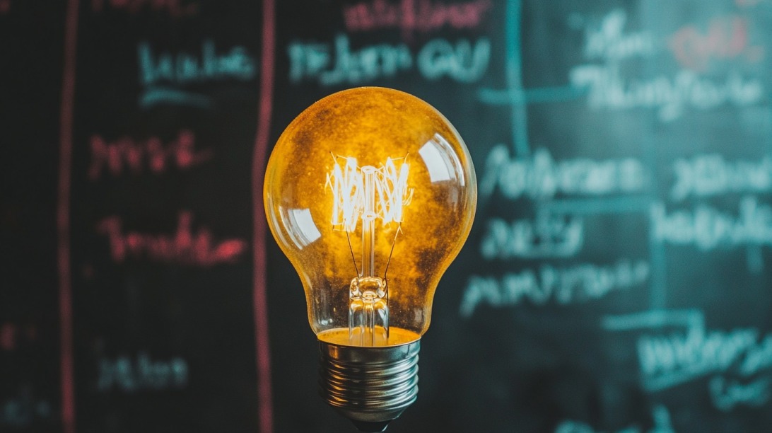 A glowing light bulb in front of a blackboard with colorful writing, symbolizing creativity and ideas