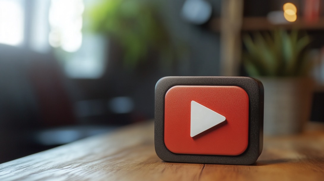 Close-up of a YouTube play button icon placed on a wooden table in a cozy indoor setting