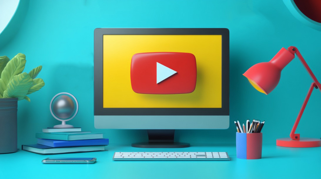 A computer screen displaying the YouTube logo on a colorful desk setup with a lamp, books, and plant.