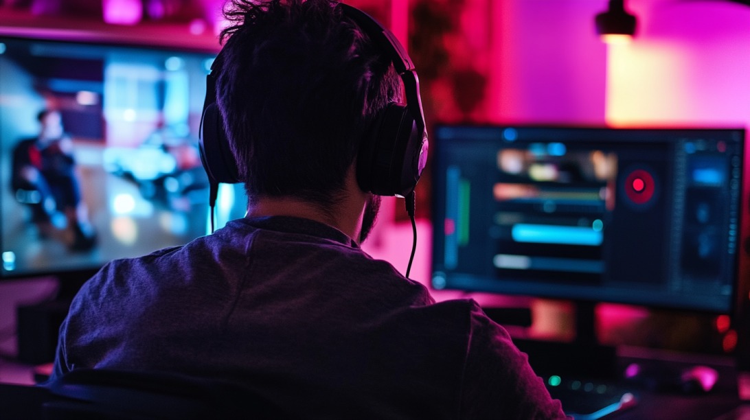 Person wearing headphones editing video content on a computer with vibrant colored lighting in the background