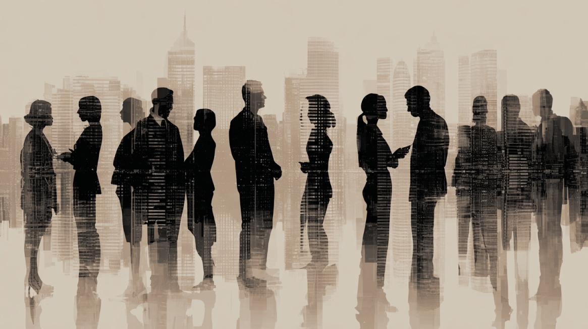 Silhouettes of professionals interacting against a city skyline, representing workplace culture and social integration