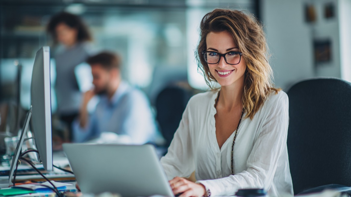 Smiling young professional working confidently at a desk with a laptop, symbolizing proactive personal development