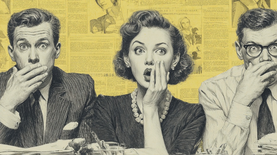 Vintage-style illustration of three surprised office workers covering their mouths, symbolizing workplace gossip and politics