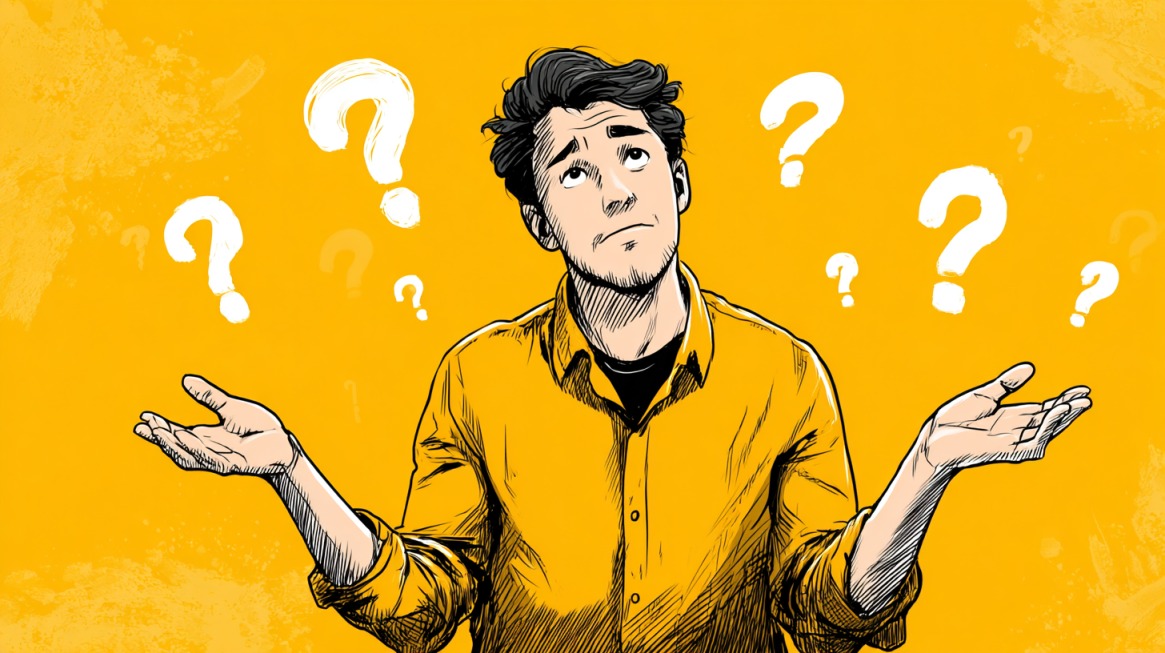 Illustration of a confused man surrounded by question marks, symbolizing uncertainty in the workplace
