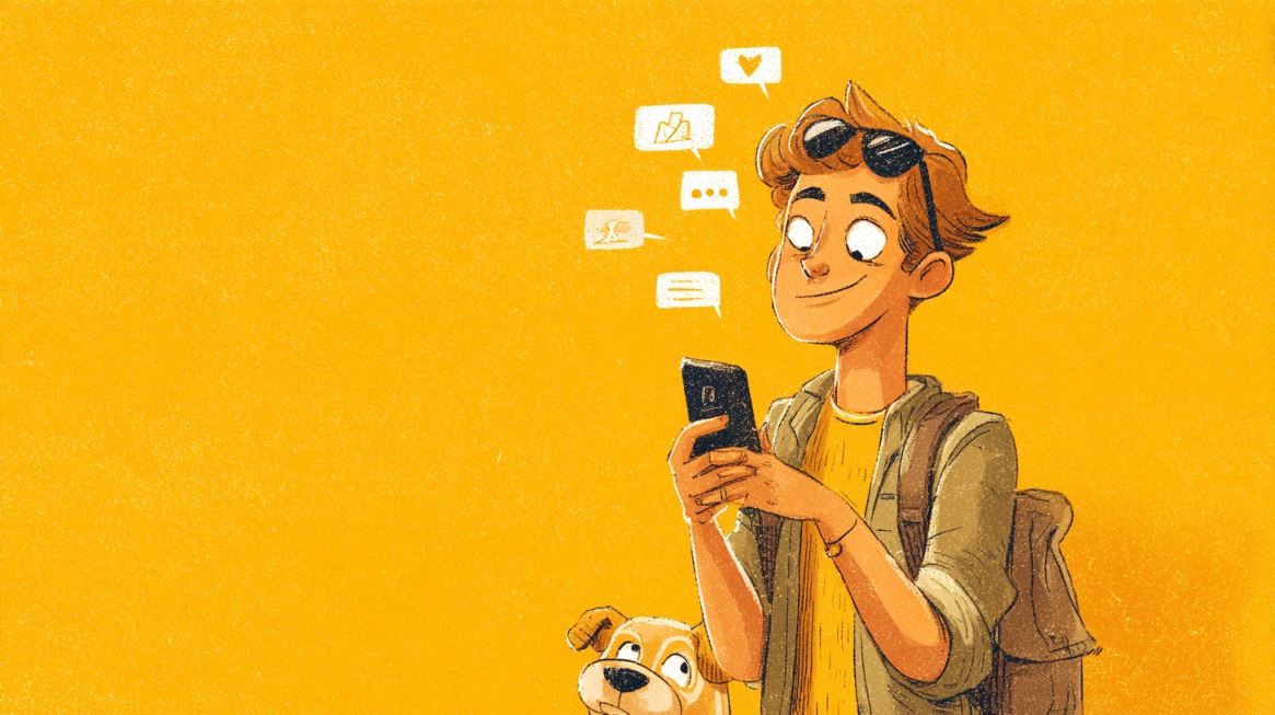 Cartoon of a cheerful young man absorbed in his phone, with social media icons around him and a curious dog at his side