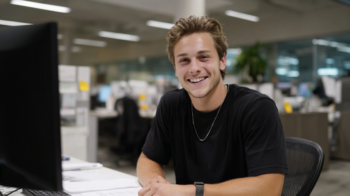 Young professional smiling at a desk in an open office, representing enthusiasm at a new job