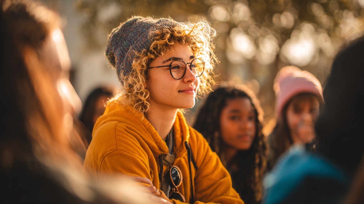 Young person in a yellow hoodie and beanie listening during an outdoor youth engagement event