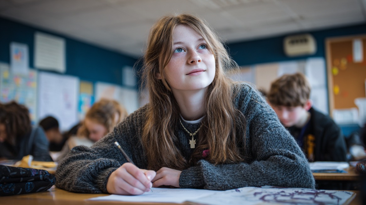 A student in a classroom looks thoughtful while writing in a notebook
