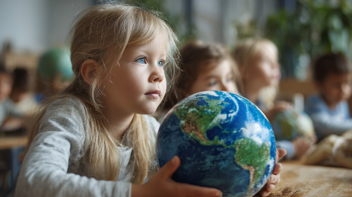 Child holding a globe in a classroom during an environmental lesson