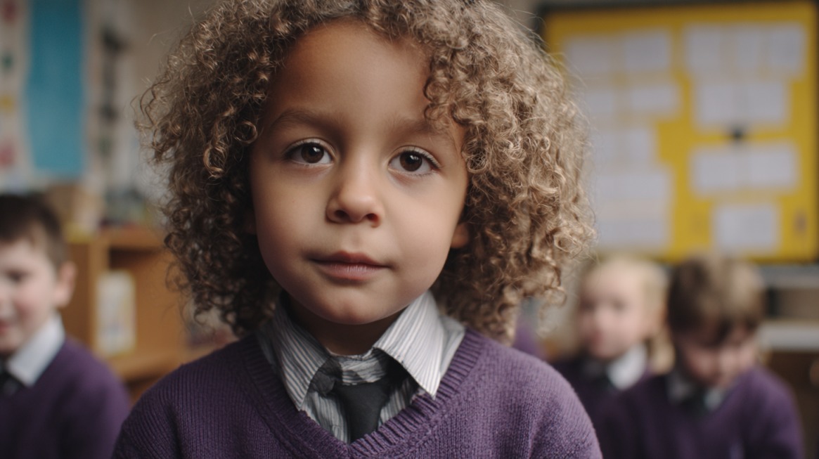 Close-up of a child in a purple school uniform looking serious, with other children blurred in the classroom background