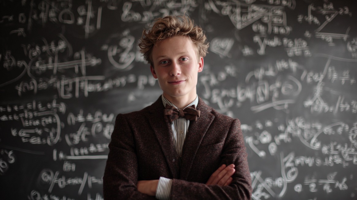 Confident young student standing in front of a chalkboard filled with algebra equations, symbolizing a growth mindset in math
