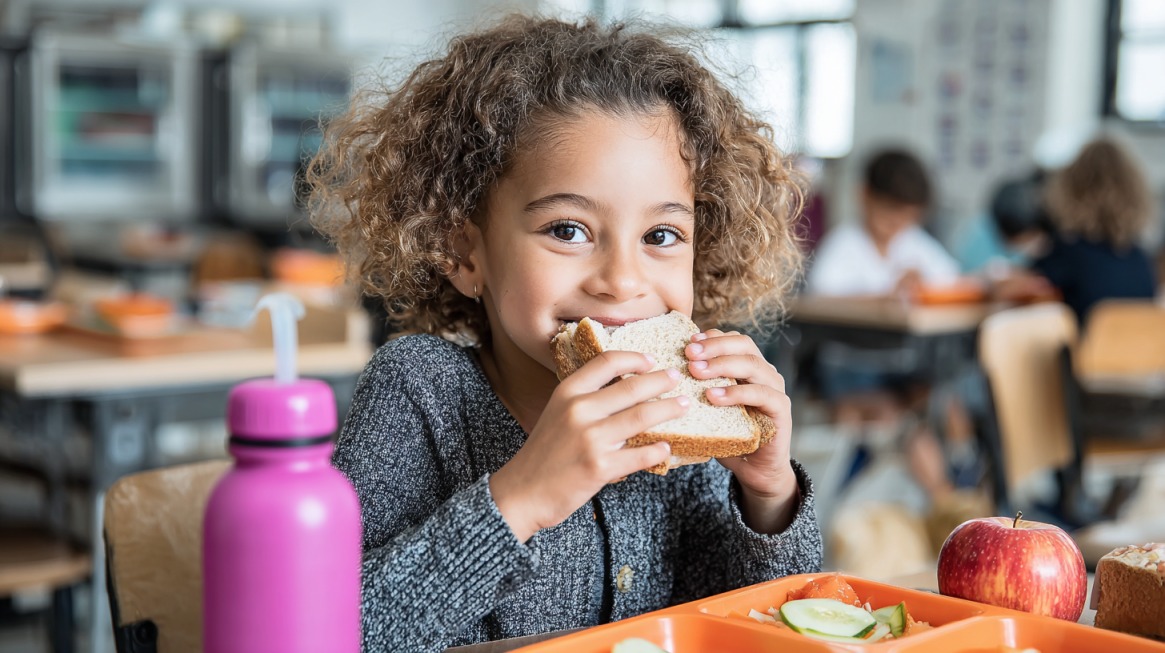 A young child eating a sandwich at a school cafeteria table with a pink water bottle, apple, and lunch tray.