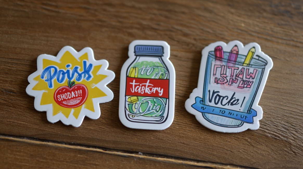 Three colorful custom stickers with playful designs placed on a wooden surface
