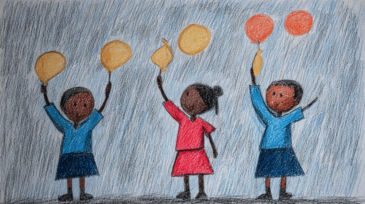 Childlike crayon drawing of three children holding balloons in the rain, symbolizing challenges in school fundraising