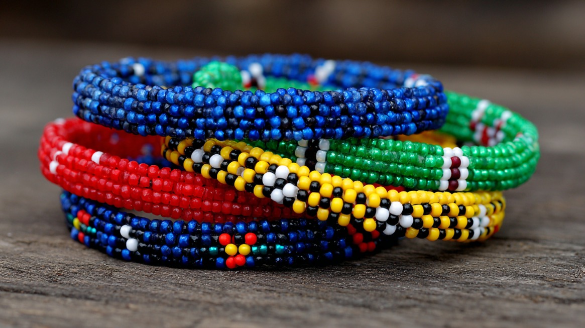 A stack of colorful beaded bracelets in red, blue, green, and yellow, arranged on a wooden surface