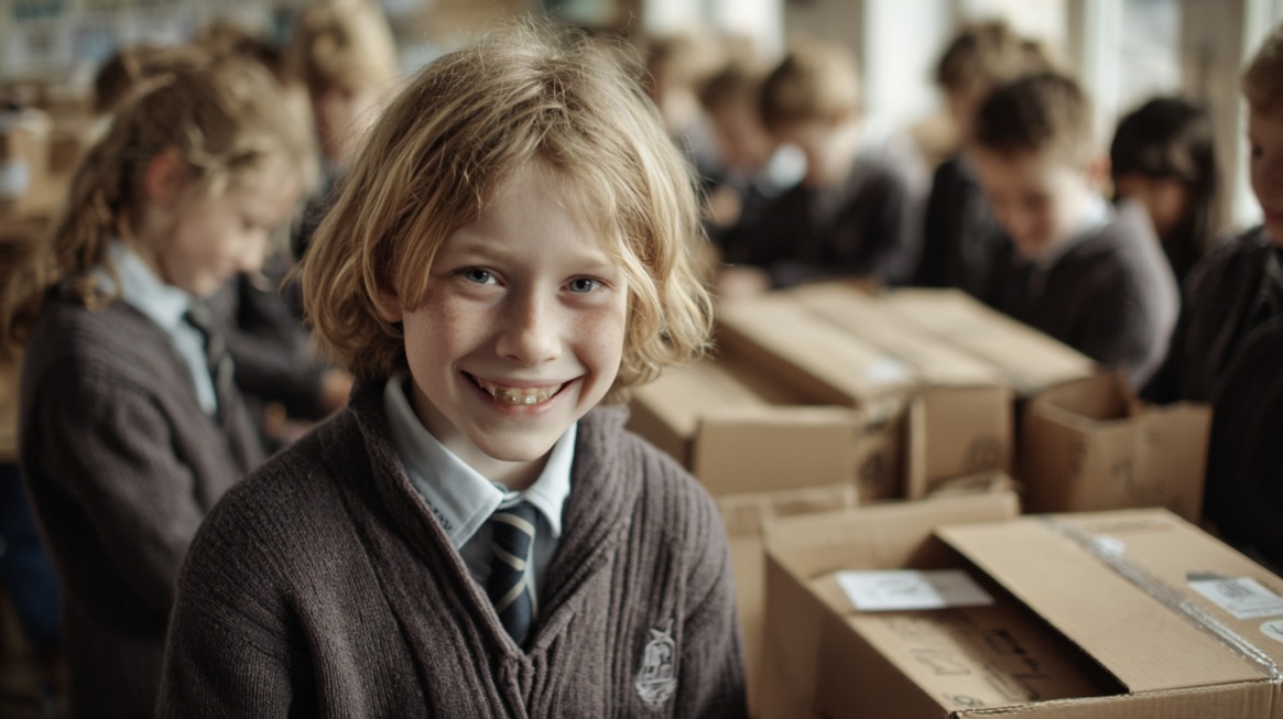 A smiling student in a school uniform with other children in the background working around cardboard boxes