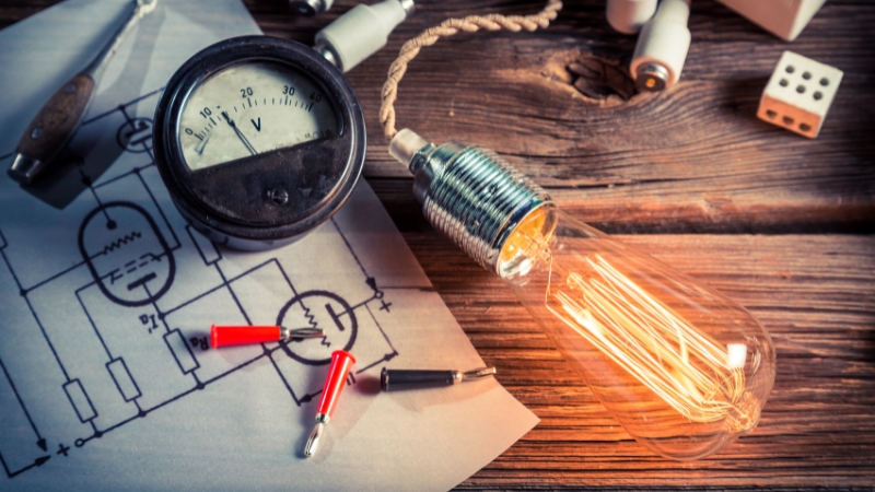 Light bulb with voltmeter and circuit diagram showing physics principles