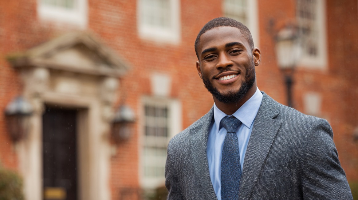 Confident young professional in a suit smiling outside a university building, representing the career and professional advantages of studying abroad