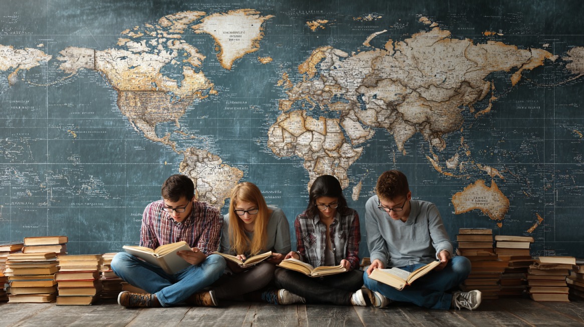 Four students sitting in front of a large world map, reading books, symbolizing cultural awareness and gaining a global perspective through study abroad