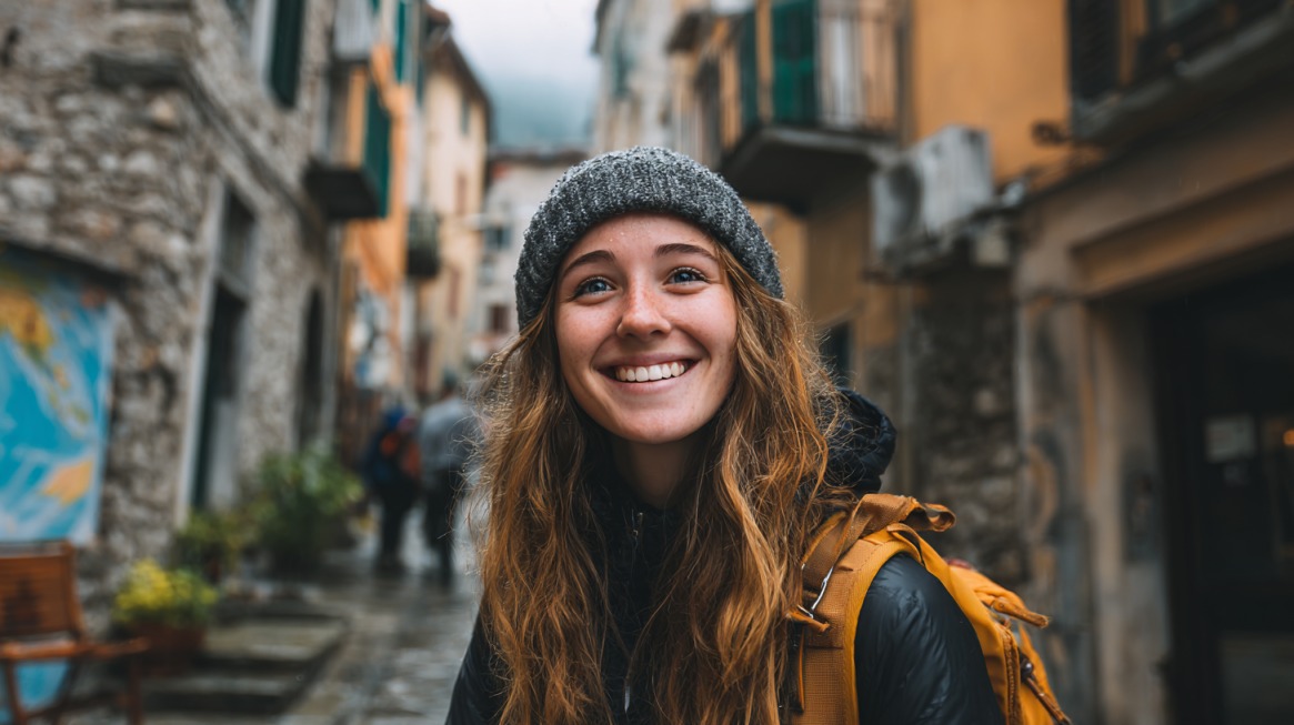 Smiling young woman with a backpack and beanie standing in a European street, symbolizing the adventure of studying abroad