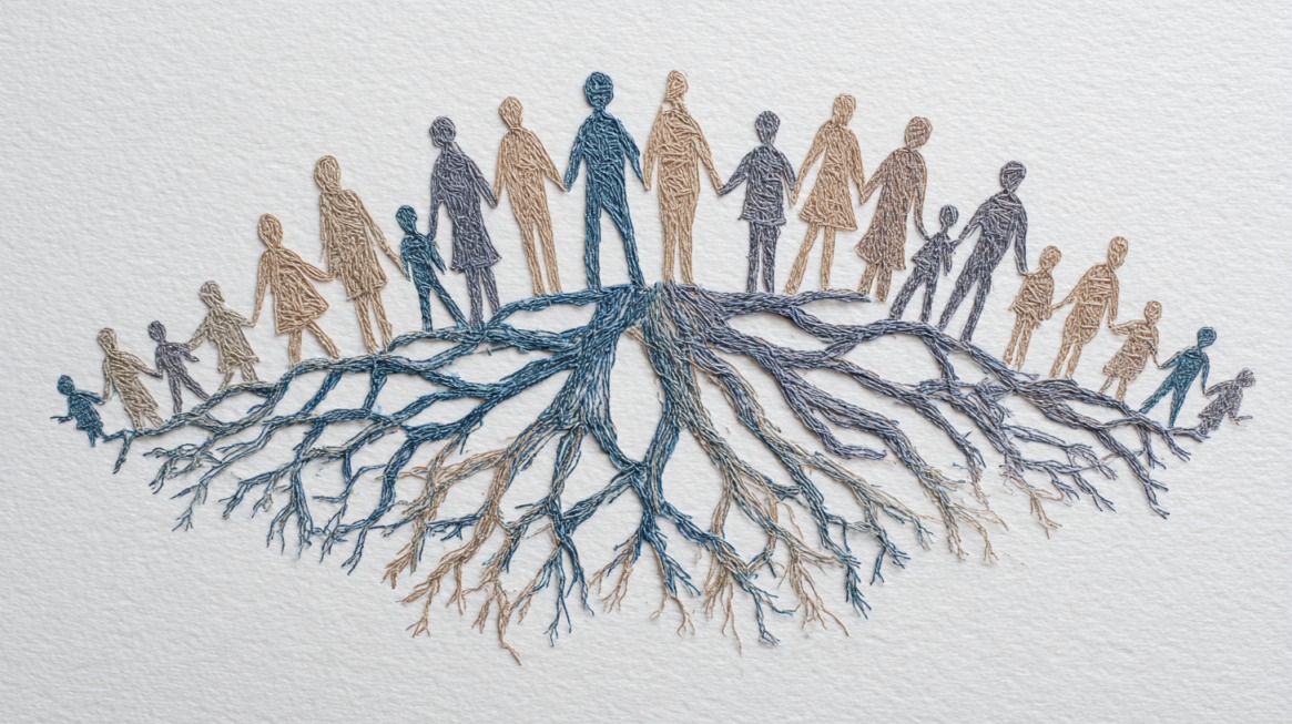 Illustration of interconnected people forming roots, symbolizing growth, independence, and adaptability gained from study abroad experiences
