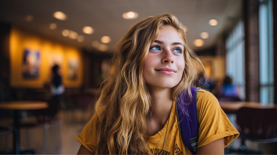 Smiling student with backpack sitting indoors, symbolizing the personal growth and social interdependence developed during study abroad experiences