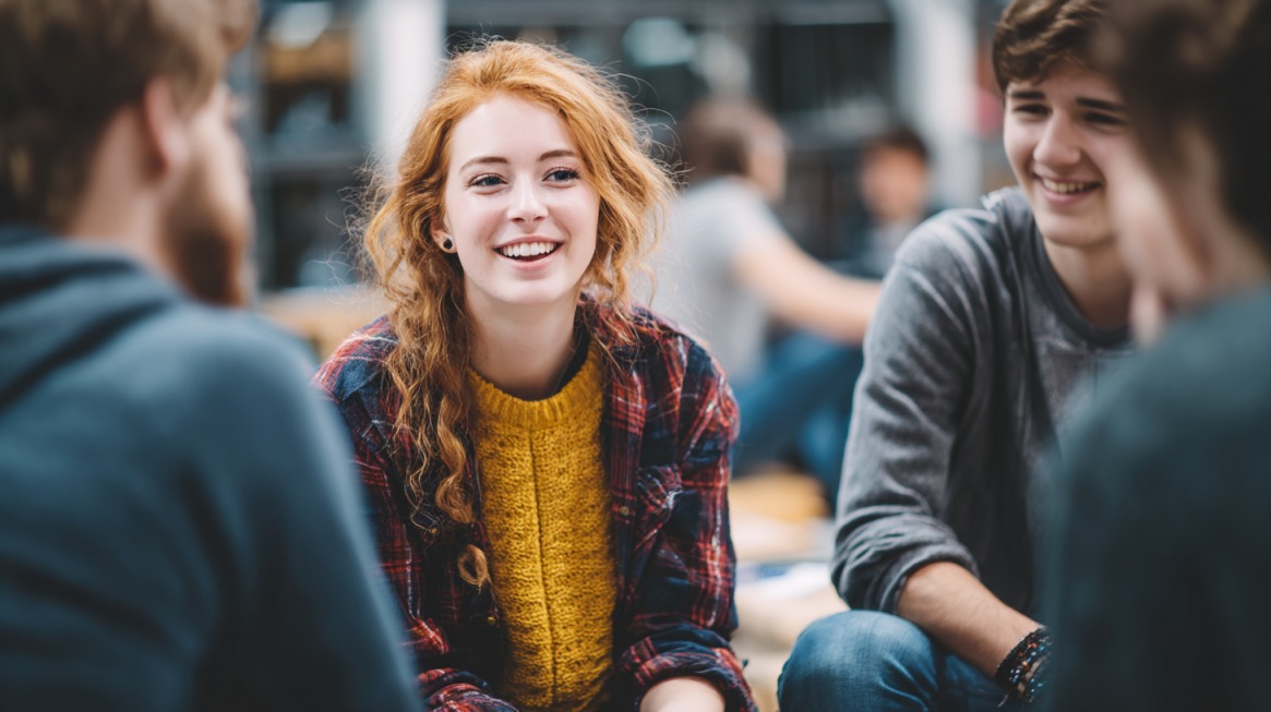 Group of smiling students talking together, highlighting language learning and communication skills in a study abroad setting