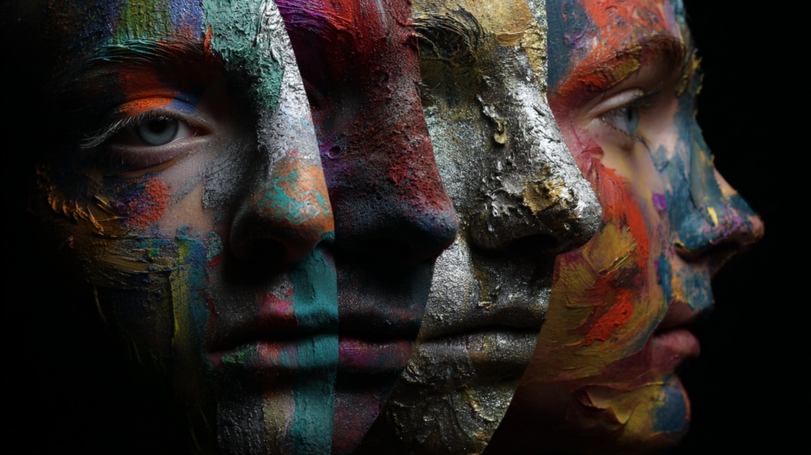 Abstract artistic image of overlapping painted faces in vibrant colors, symbolizing the transformation of identity students experience when studying abroad