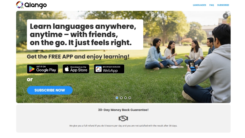A group of friends study languages outdoors using the Qlango app on their phones