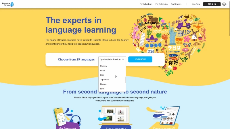 The Rosetta Stone website shows language options for users choosing from 25 languages to start learning