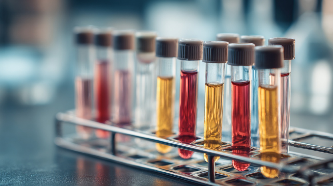 Test tubes filled with different colored liquids arranged in a laboratory rack during medical research