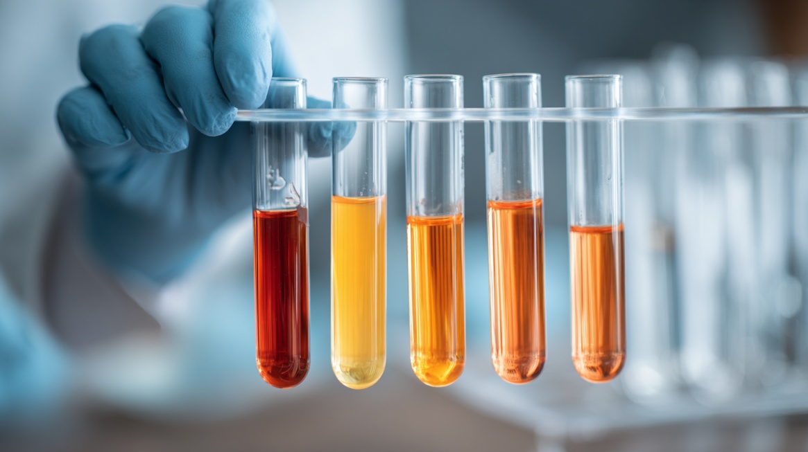 Gloved hand holding a rack of test tubes with colored liquids during medical testing