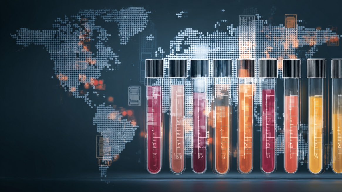Test tubes with colored samples in front of a world map graphic representing large scale clinical trials