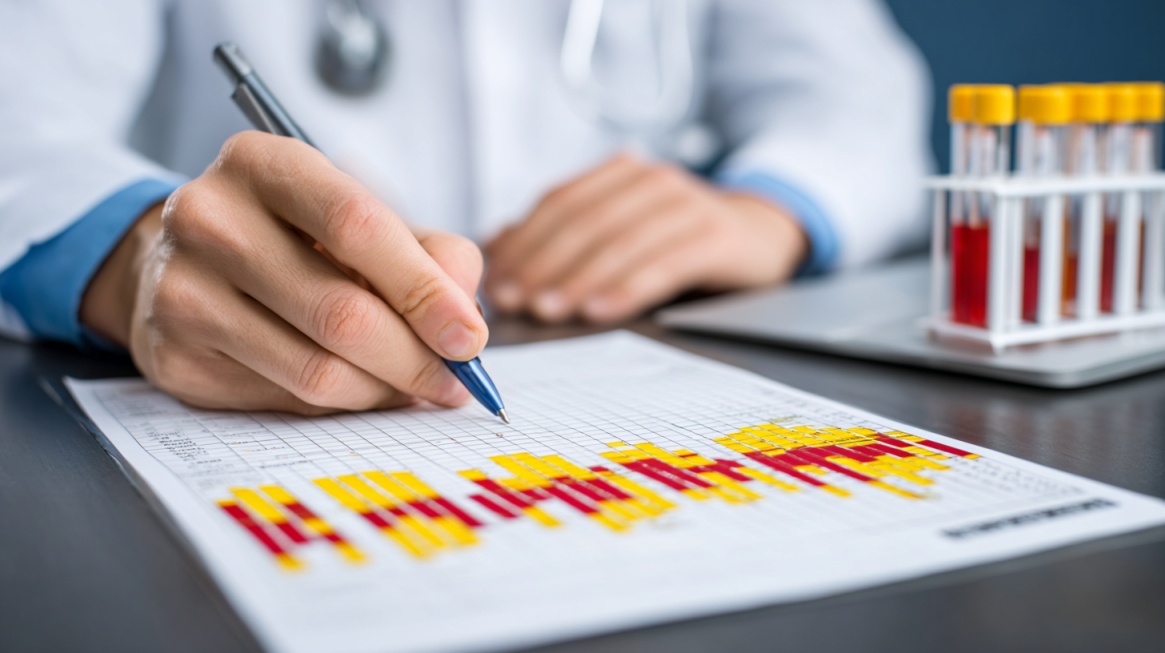 Medical professional reviewing clinical data charts with test tubes in a laboratory setting